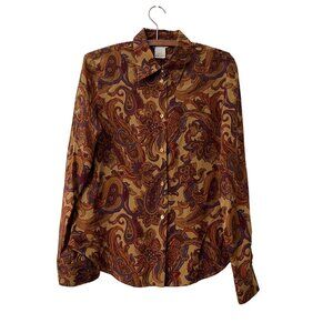 Loro Piana Womens Brown Blue Floral Paisley Silk Button Shirt Size 12 IT46